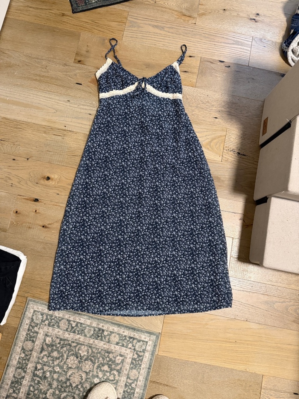 La Hearts Navy Floral Slip Dress with Cream Lace Trim